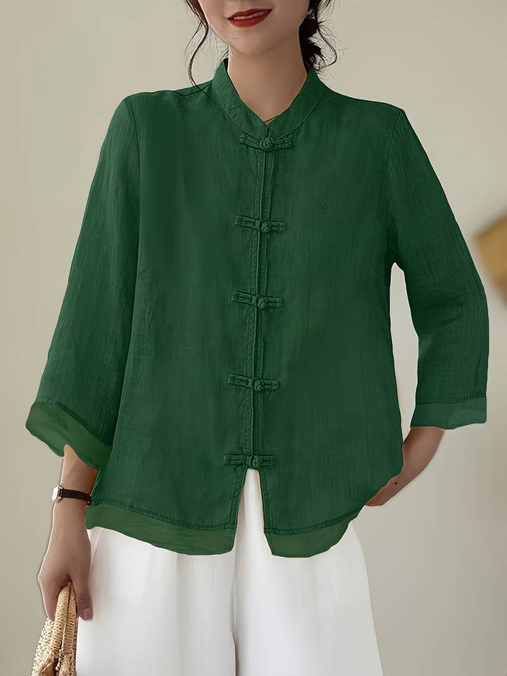Mandarin Collar Frog Button Linen Blouse for Casual Style