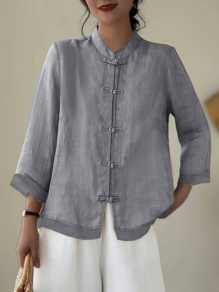 Mandarin Collar Frog Button Linen Blouse for Casual Style