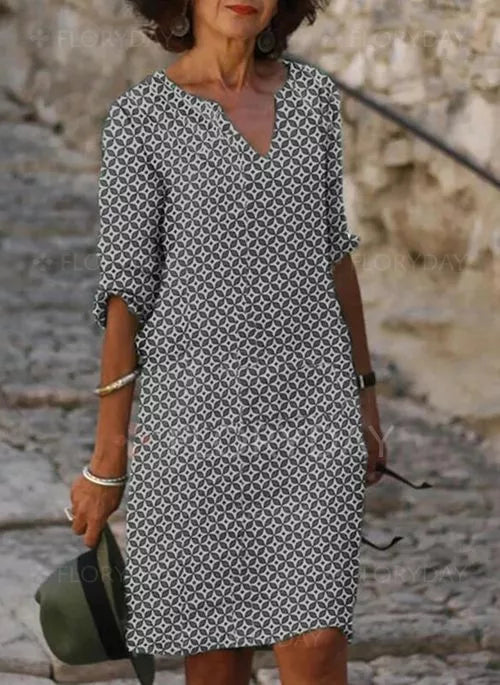 Geometric Print Notch Neck 3/4 Sleeve Casual Midi Dress