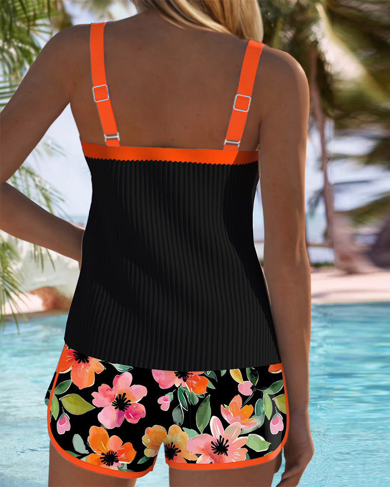 Ribbed Contrast Trim Floral Short Tankini Set