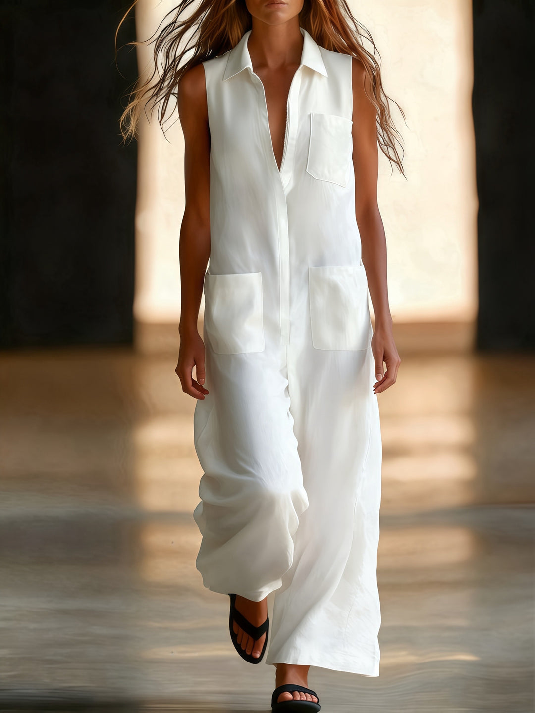 Linen Collared Sleeveless Wide Leg Utility Jumpsuit