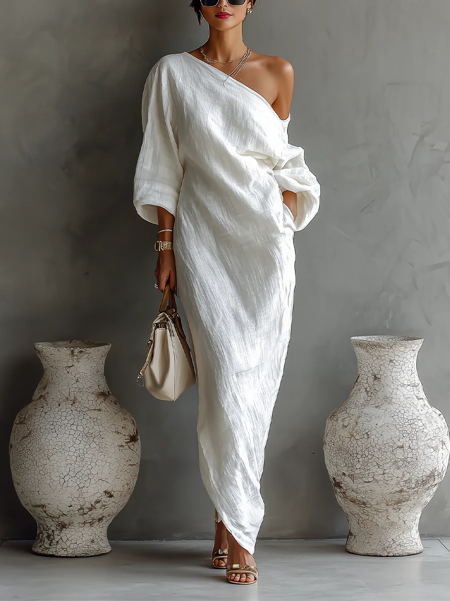 Off Shoulder Draped Batwing Sleeve Relaxed Linen Maxi Dress