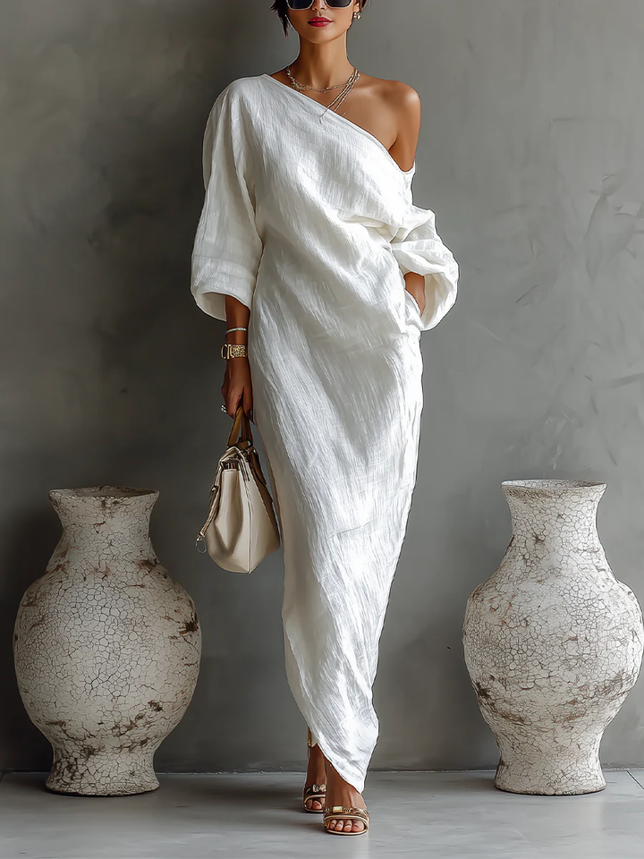 Off Shoulder Draped Batwing Sleeve Relaxed Linen Maxi Dress