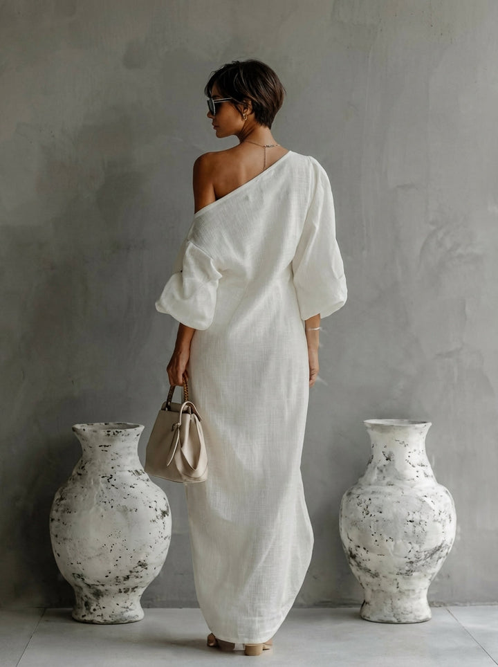 Off Shoulder Draped Batwing Sleeve Relaxed Linen Maxi Dress