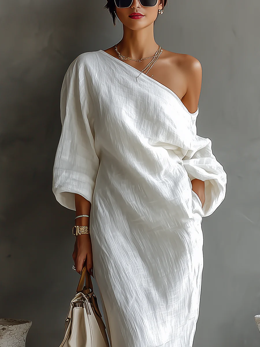 Off Shoulder Draped Batwing Sleeve Relaxed Linen Maxi Dress