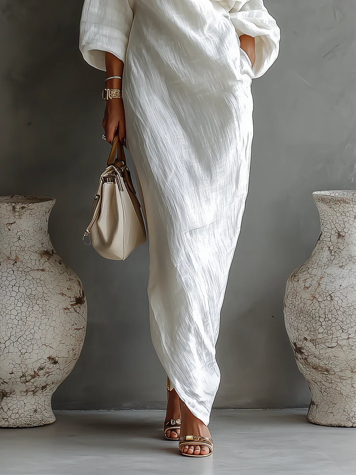 Off Shoulder Draped Batwing Sleeve Relaxed Linen Maxi Dress