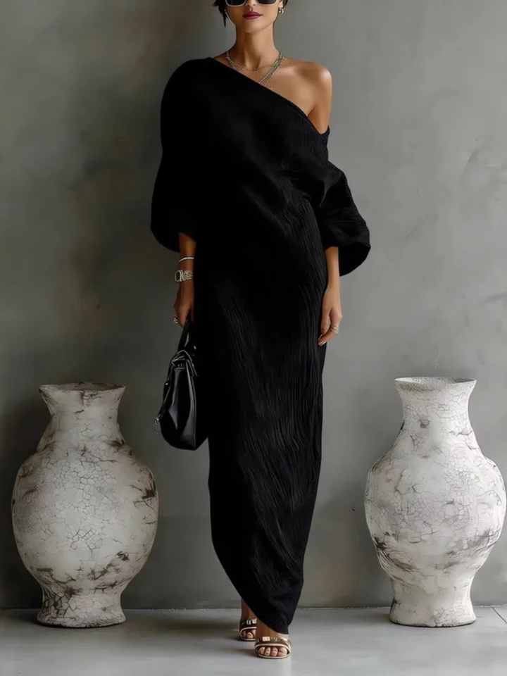 Off Shoulder Draped Batwing Sleeve Relaxed Linen Maxi Dress