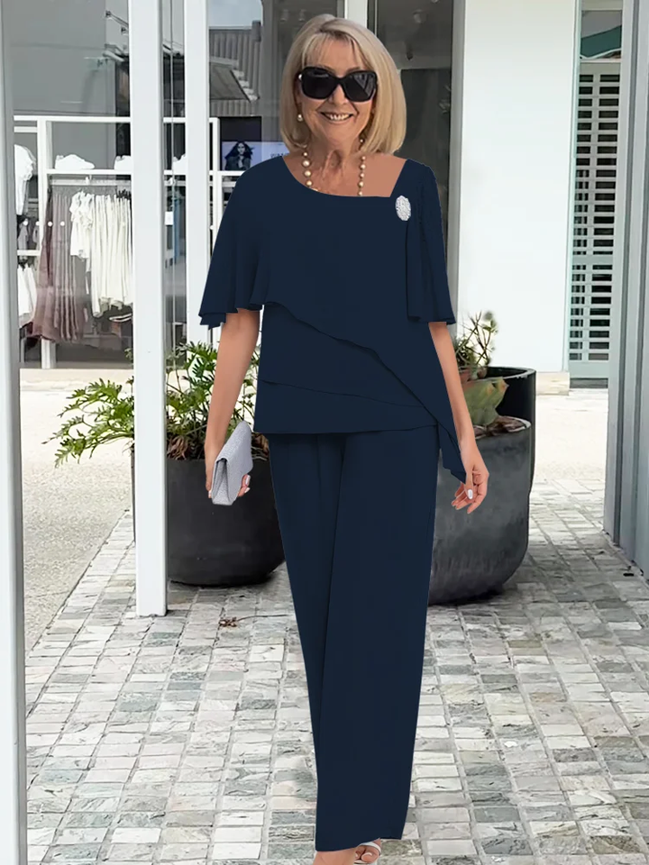 Chiffon Cape Top Trouser Two Piece Set - Formal Occasion