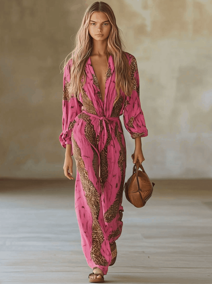 Snakeskin Print Deep V-Neck Belted Wide Leg Jumpsuit