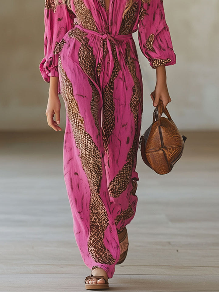 Snakeskin Print Deep V-Neck Belted Wide Leg Jumpsuit