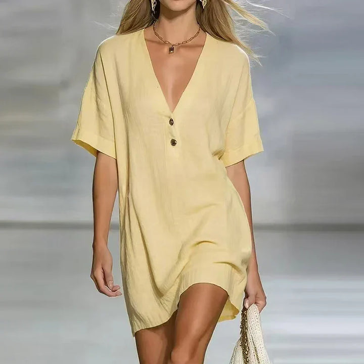 Deep V Neck Button Placket Short Sleeve Relaxed Linen Shirt Dress
