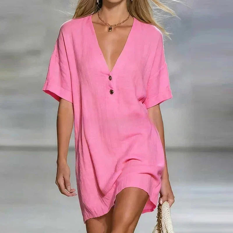 Deep V Neck Button Placket Short Sleeve Relaxed Linen Shirt Dress