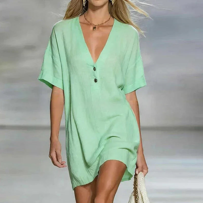 Deep V Neck Button Placket Short Sleeve Relaxed Linen Shirt Dress