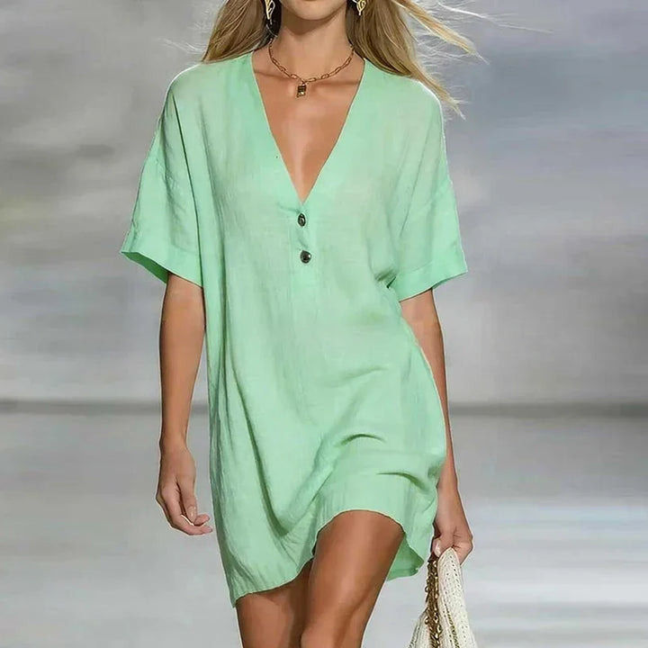 Deep V Neck Button Placket Short Sleeve Relaxed Linen Shirt Dress