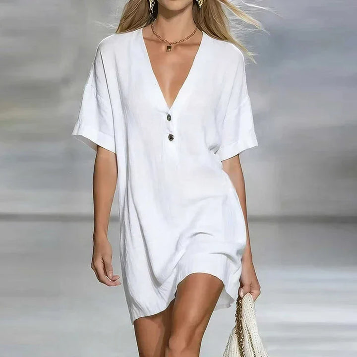 Deep V Neck Button Placket Short Sleeve Relaxed Linen Shirt Dress