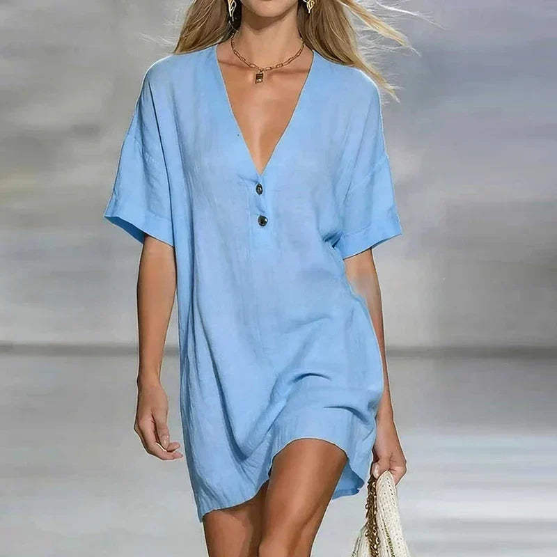 Deep V Neck Button Placket Short Sleeve Relaxed Linen Shirt Dress