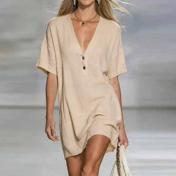 Deep V Neck Button Placket Short Sleeve Relaxed Linen Shirt Dress