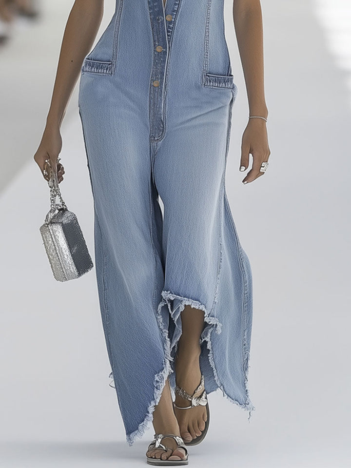 Sleeveless Button Front Raw Hem Wide Leg Denim Jumpsuit