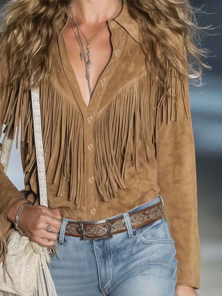 Fringe Trim Point Collar Snap Button Suede Casual Shirt