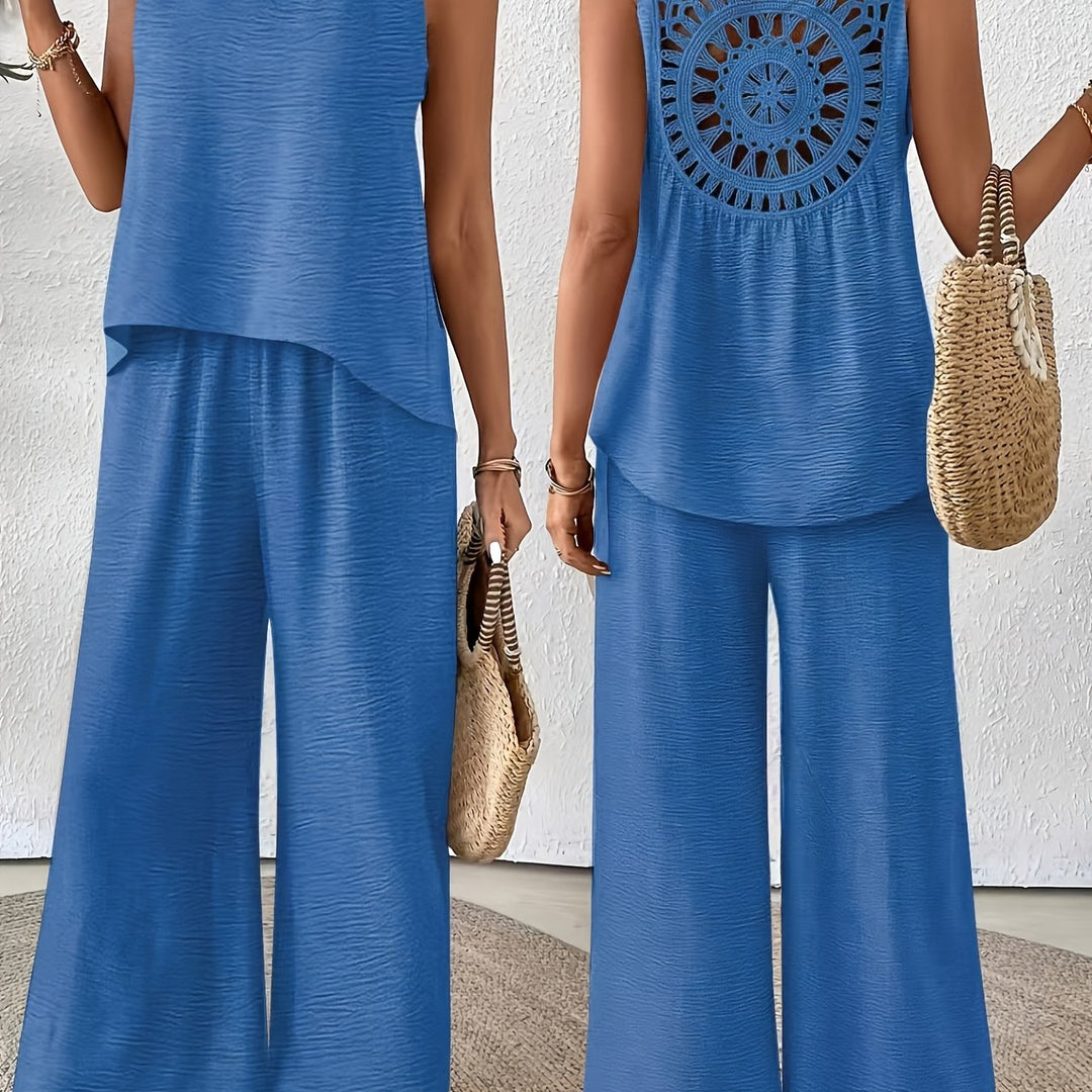 Crochet Back Sleeveless Top and Wide Leg Pants Summer Set