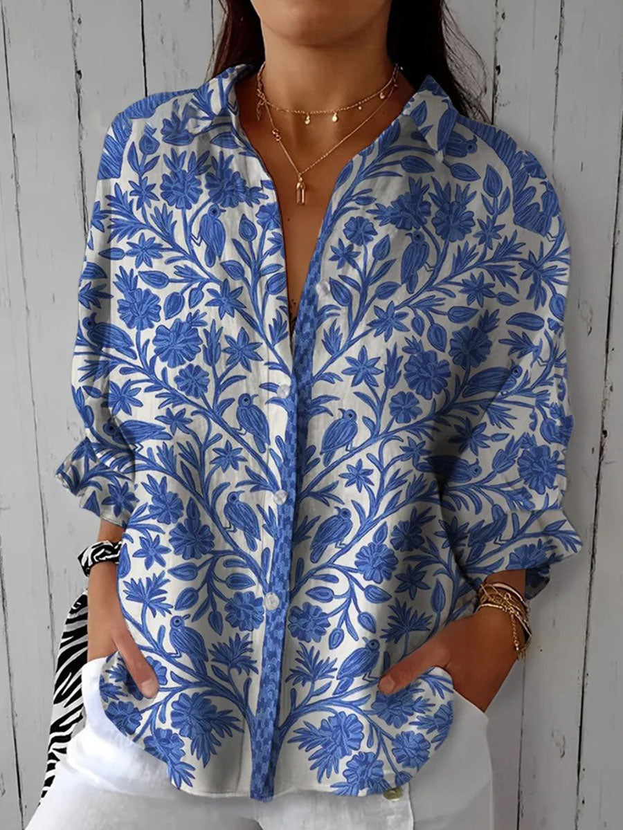 Floral Print Button Down Collared Long Sleeve Blouse