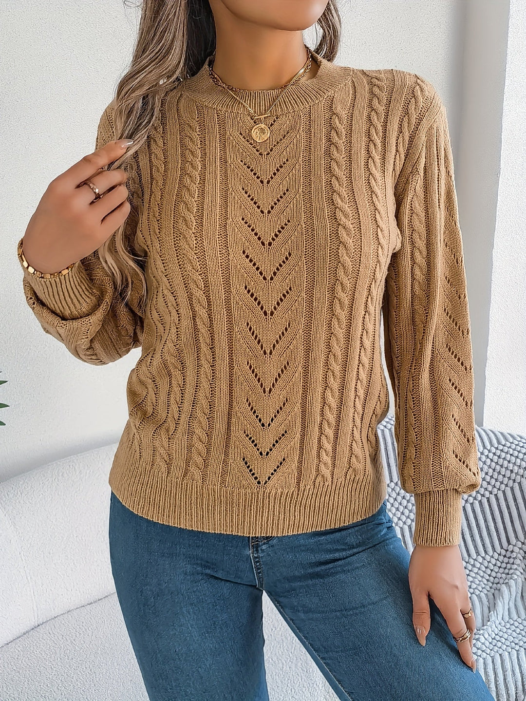 Rosamund | Women's Textured Crew Neck Pointelle Cable Knit Sweater
