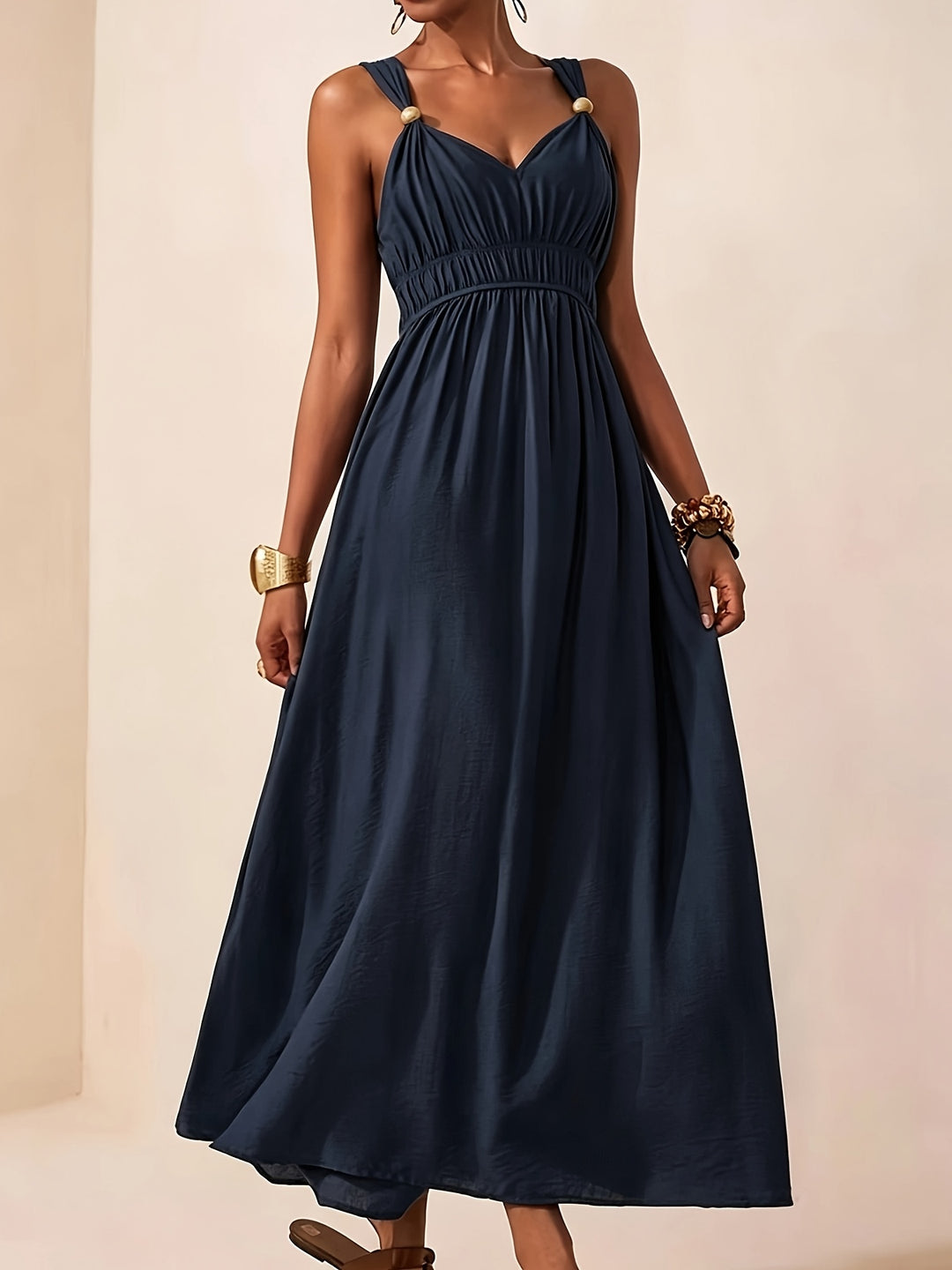 Gold Ring Strap Ruched Bust V Neck Flowy Maxi Dress
