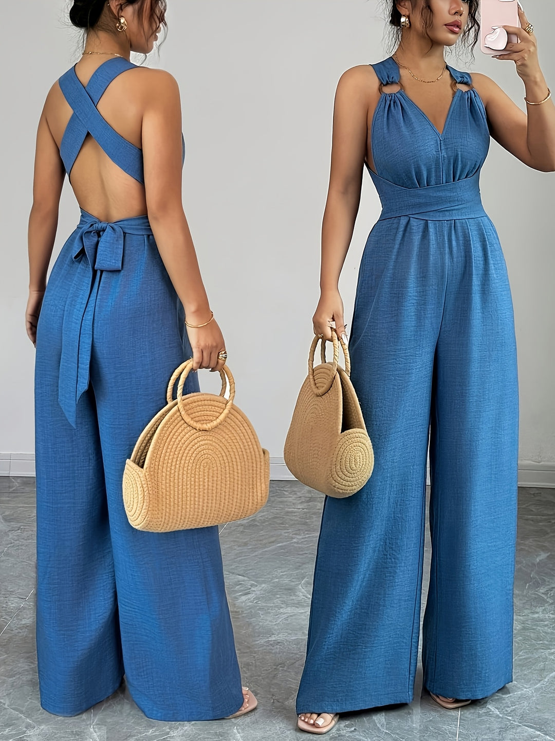 Linen Halter V Neck Ruched Wide Leg Elegant Jumpsuit