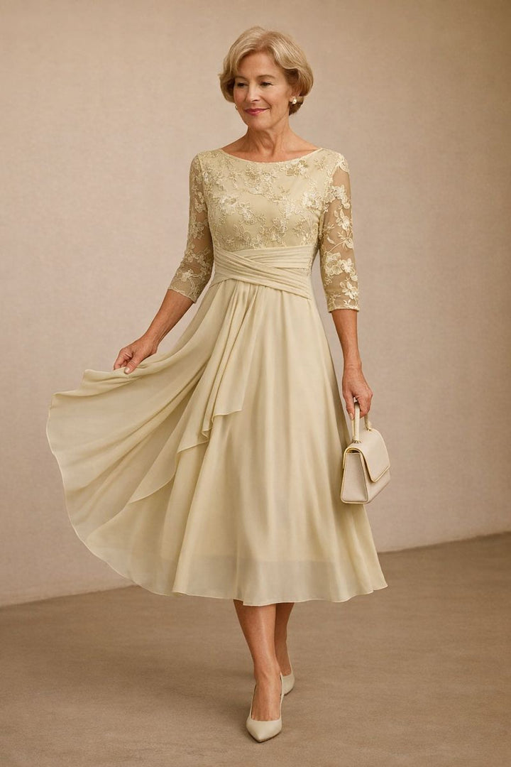 Karla | Champagne Embroidery 3/4 Sleeve Round Neck Dress