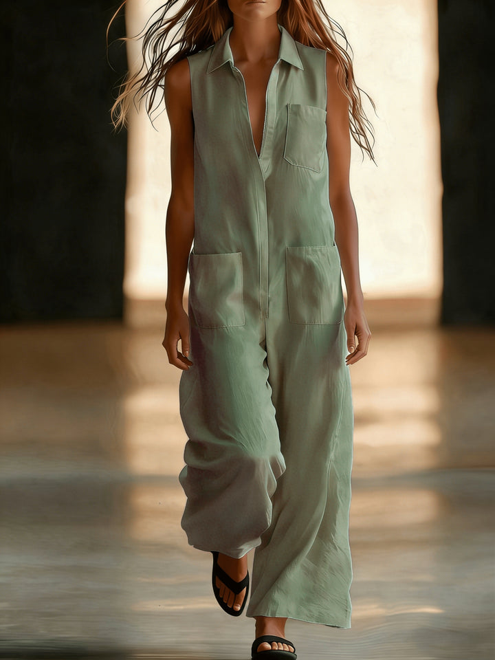 Linen Collared Sleeveless Wide Leg Utility Jumpsuit