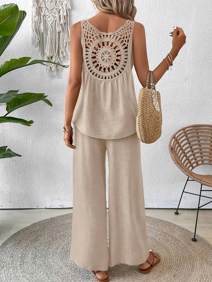 Crochet Back Sleeveless Top and Wide Leg Pants Summer Set
