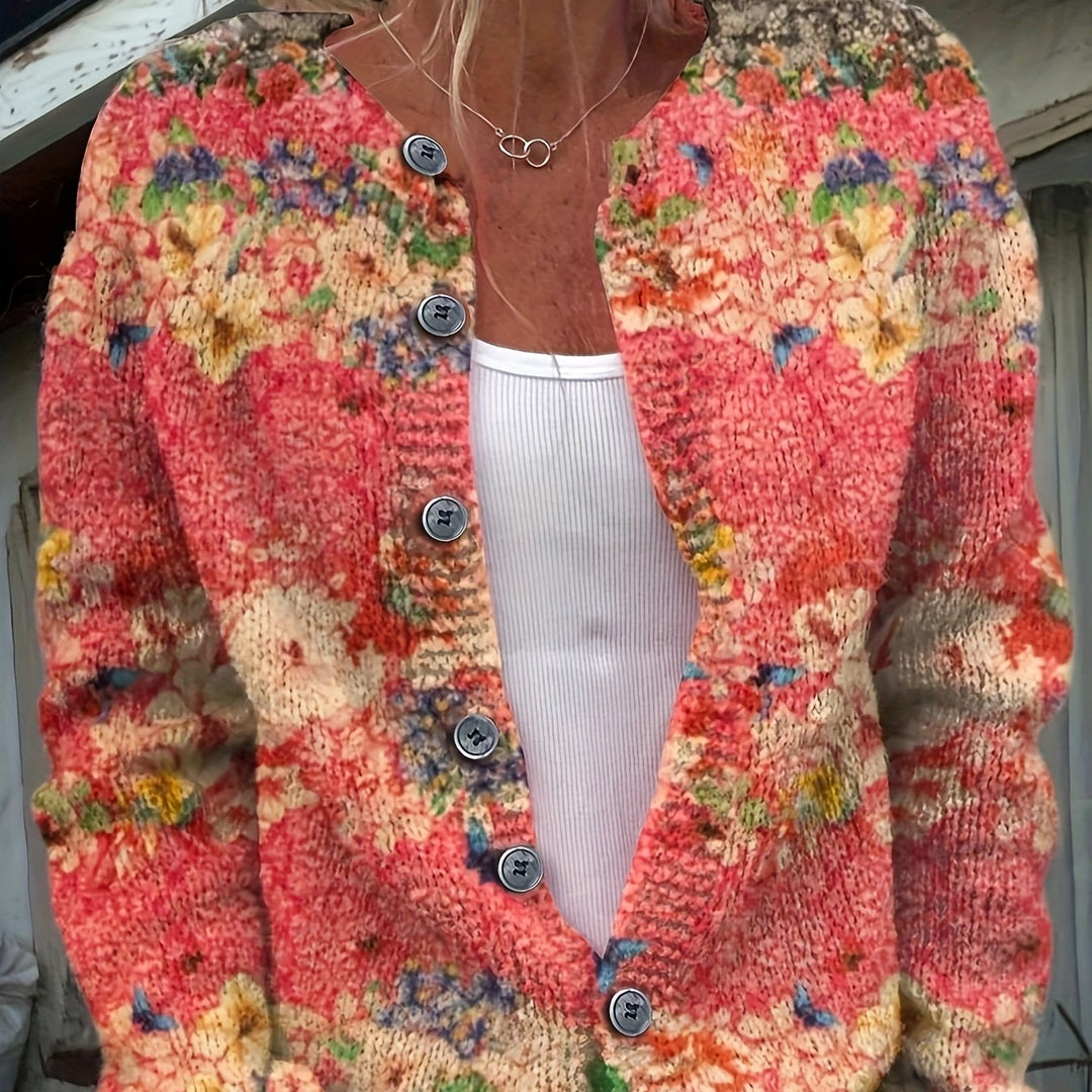 Verity-Vibrant Floral Print Button-Front Cardigan