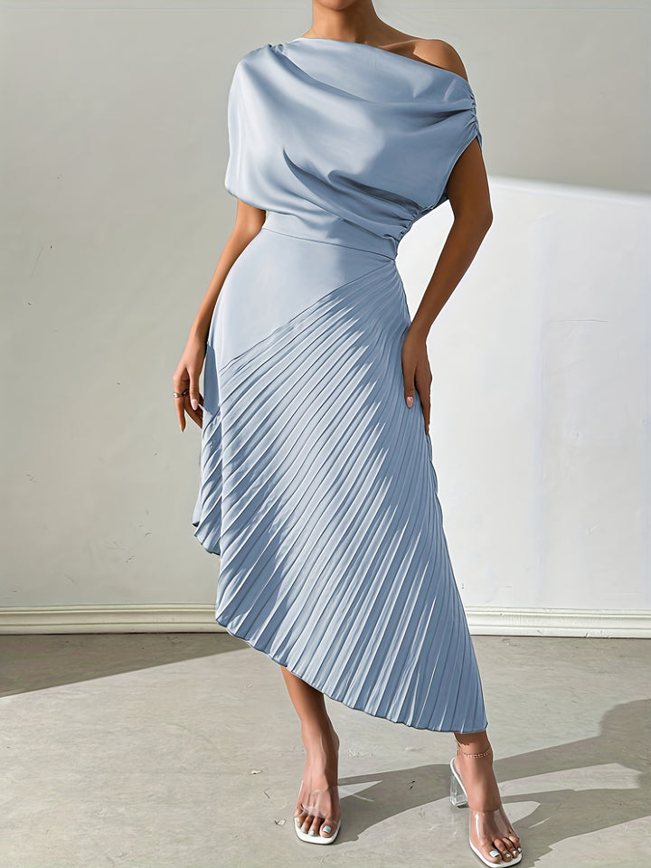 Draped One Shoulder Pleated Skirt Midi Dress - Wedding Guest