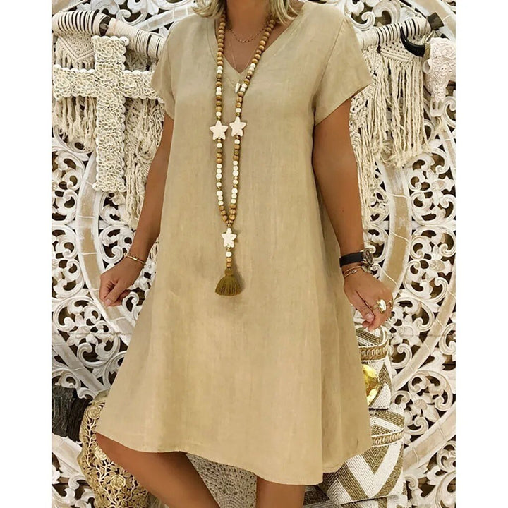Relaxed V Neck Cap Sleeve Casual Linen Mini Dress