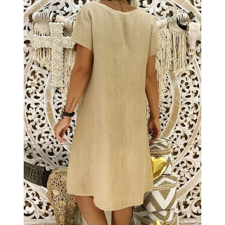 Relaxed V Neck Cap Sleeve Casual Linen Mini Dress