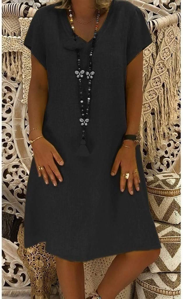 Relaxed V Neck Cap Sleeve Casual Linen Mini Dress