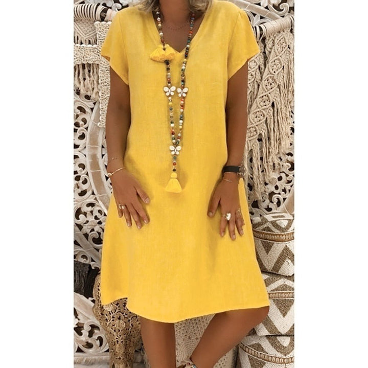 Relaxed V Neck Cap Sleeve Casual Linen Mini Dress