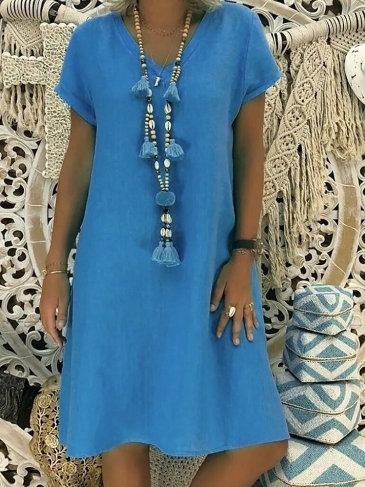 Relaxed V Neck Cap Sleeve Casual Linen Mini Dress