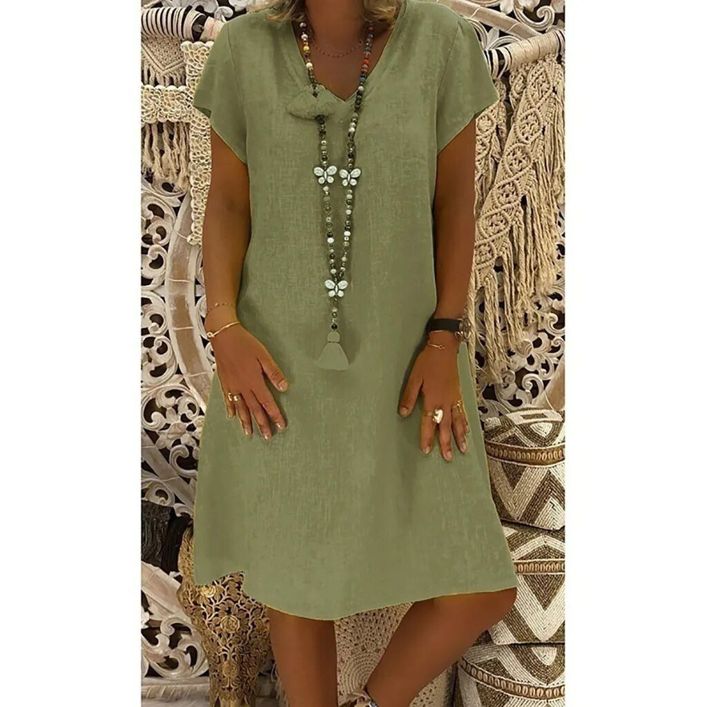 Relaxed V Neck Cap Sleeve Casual Linen Mini Dress