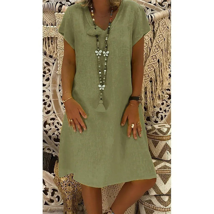 Relaxed V Neck Cap Sleeve Casual Linen Mini Dress