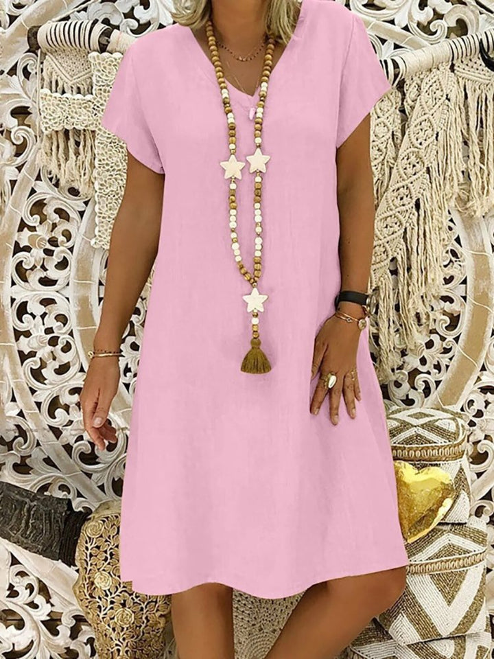Relaxed V Neck Cap Sleeve Casual Linen Mini Dress