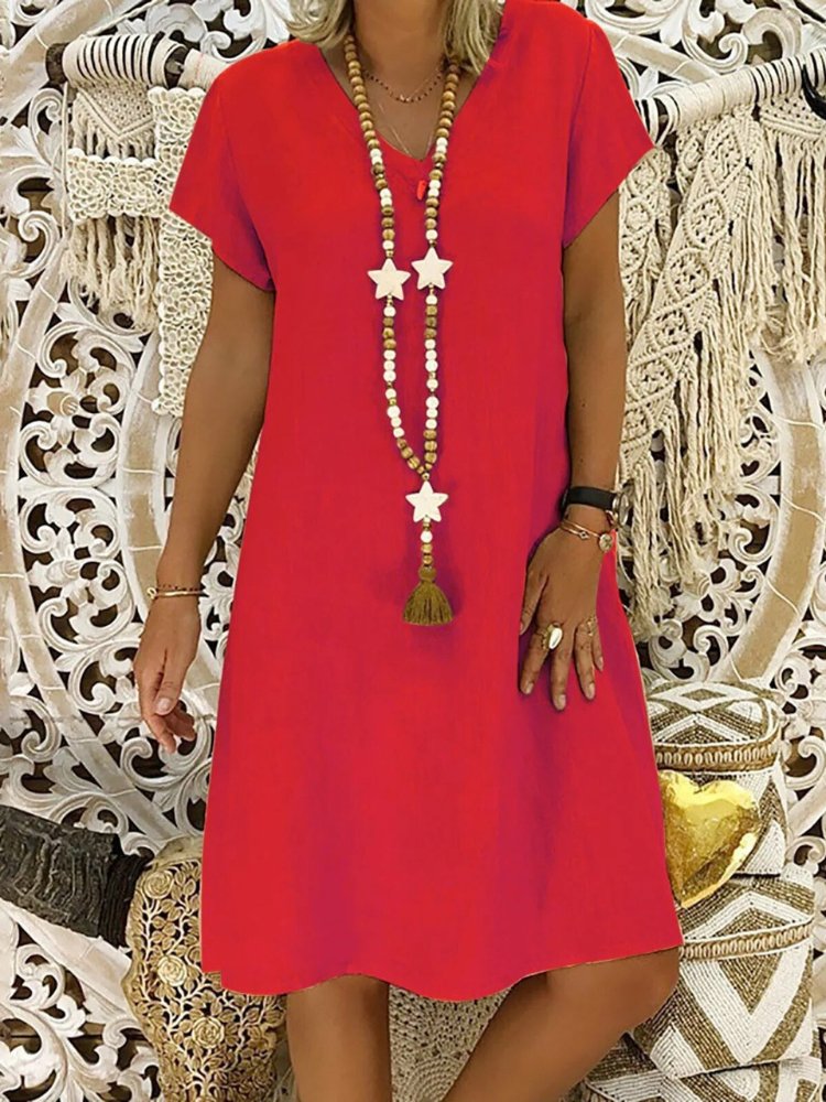 Relaxed V Neck Cap Sleeve Casual Linen Mini Dress