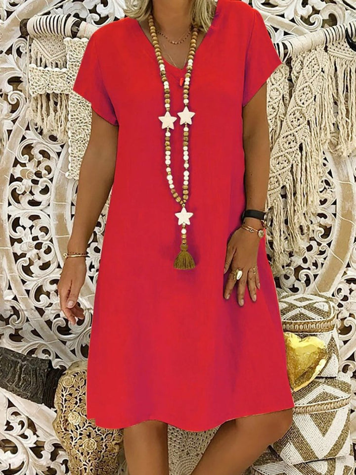 Relaxed V Neck Cap Sleeve Casual Linen Mini Dress