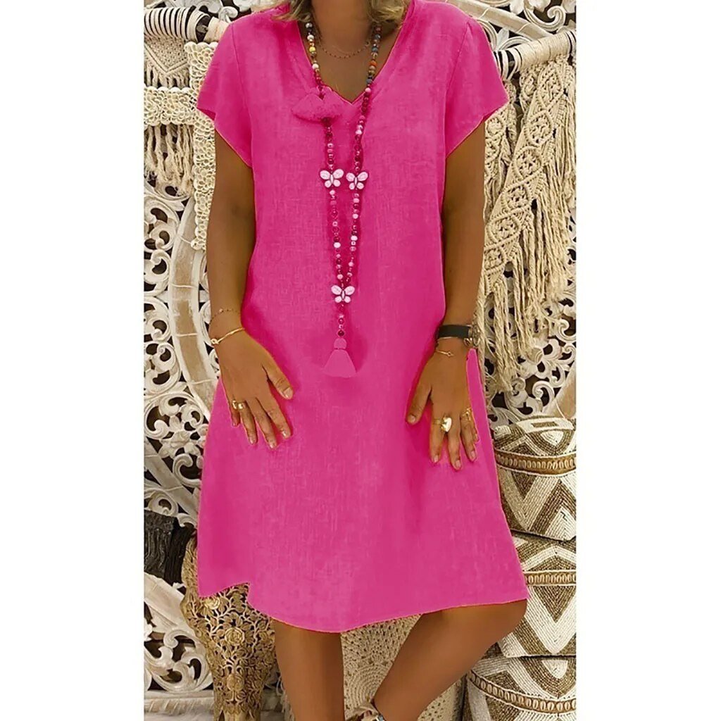 Relaxed V Neck Cap Sleeve Casual Linen Mini Dress