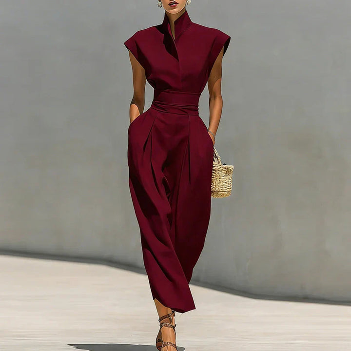Stand Collar Cap Sleeve Cinched Waist Tailored Wide Leg Jumpsuit