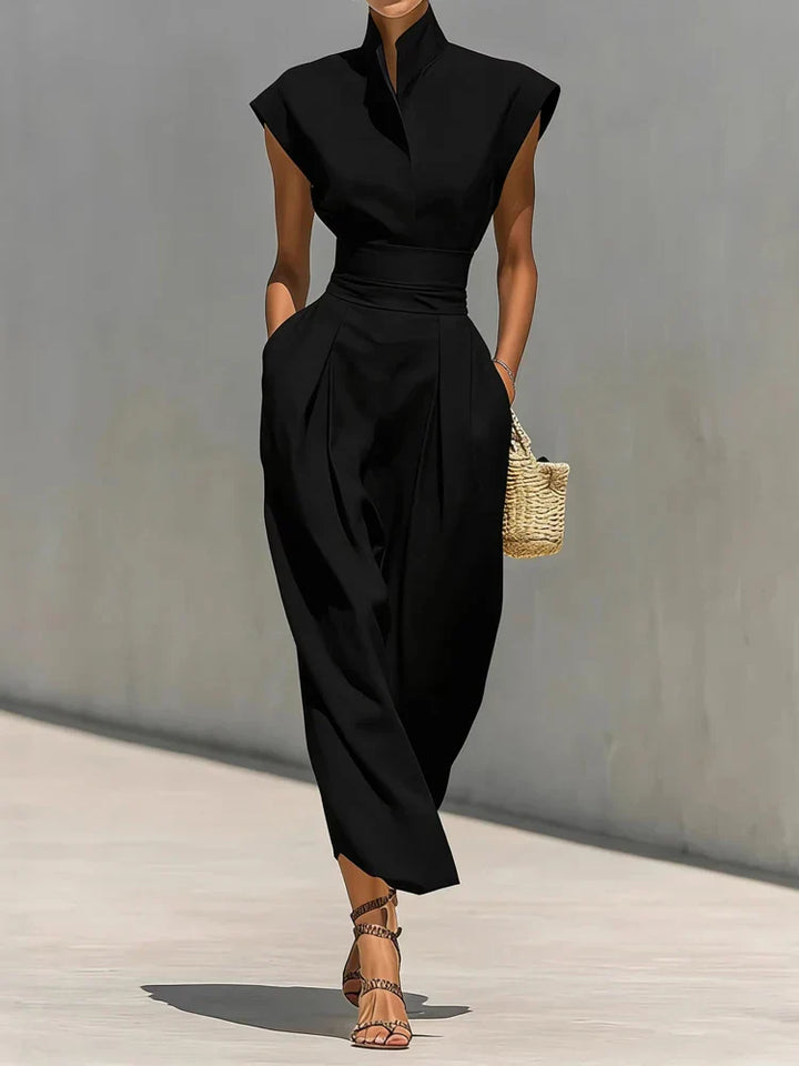 Stand Collar Cap Sleeve Cinched Waist Tailored Wide Leg Jumpsuit