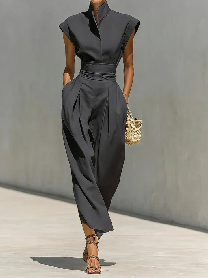 Stand Collar Cap Sleeve Cinched Waist Tailored Wide Leg Jumpsuit