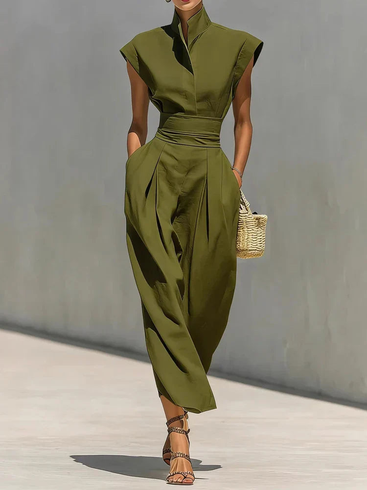 Stand Collar Cap Sleeve Cinched Waist Tailored Wide Leg Jumpsuit