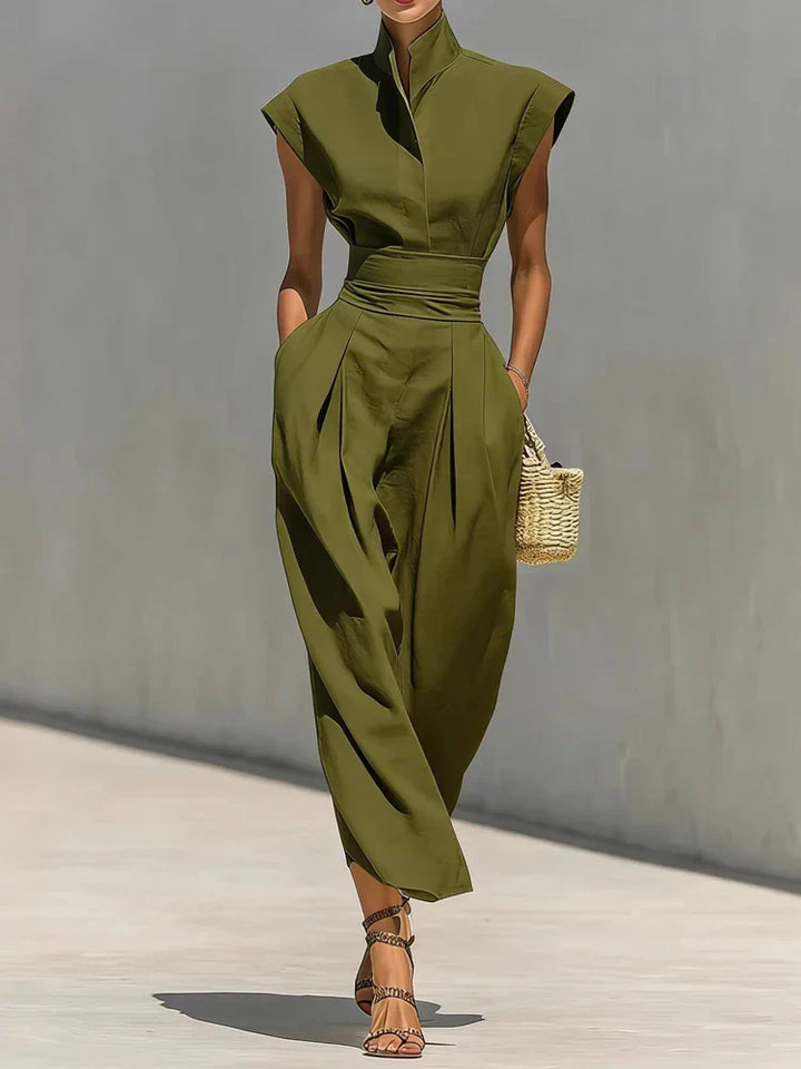 Stand Collar Cap Sleeve Cinched Waist Tailored Wide Leg Jumpsuit