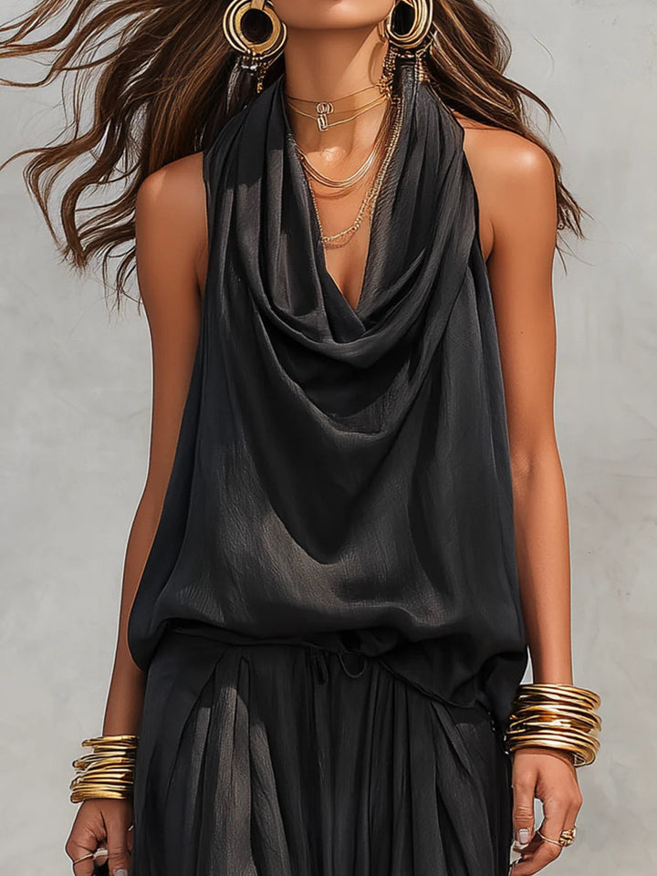Cowl Neck Halter Top and Draped Wide Leg Pant Two Piece Set